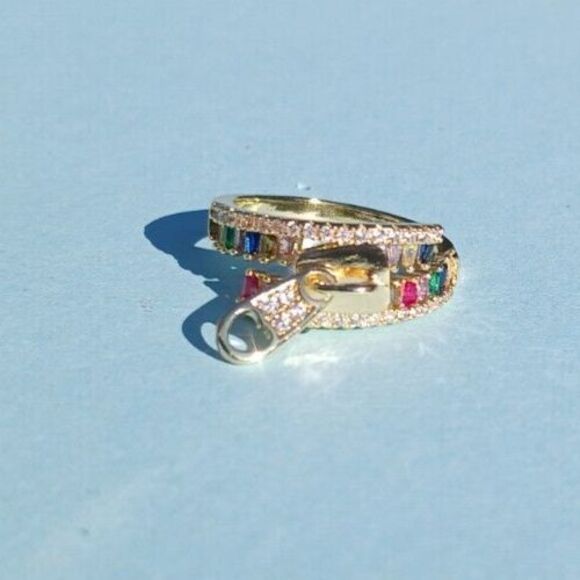Unique Gold Zipper Ring Multicolored Baguette Stones Size 8 - Picture 3 of 4